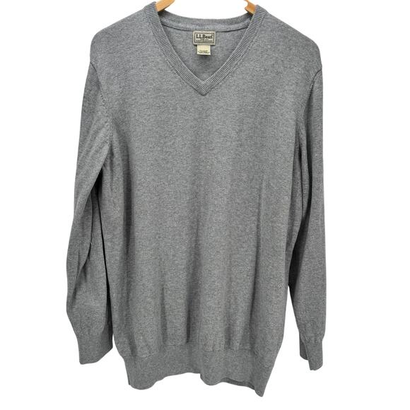 LL Bean Sweater Mens XLT XL Tall Gray V-Neck Cotton Cashmere Pullover Knit - Picture 1 of 6